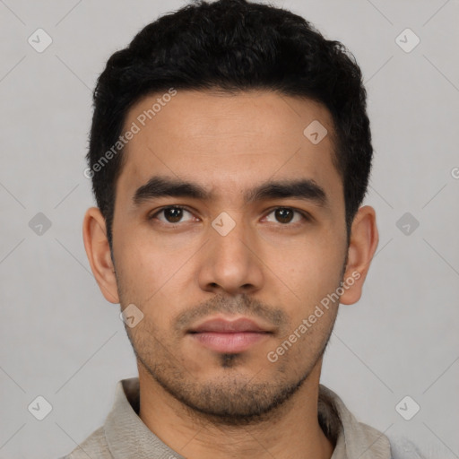 Neutral latino young-adult male with short  black hair and brown eyes