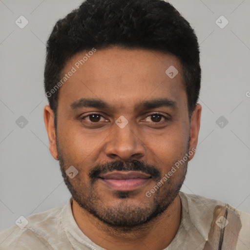 Neutral latino young-adult male with short  black hair and brown eyes