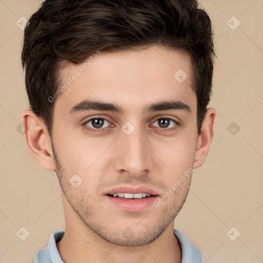 Neutral white young-adult male with short  brown hair and brown eyes