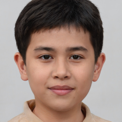 Joyful asian child male with short  brown hair and brown eyes