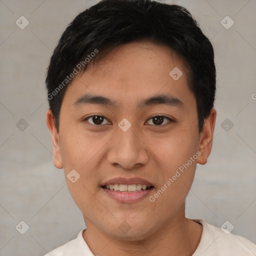 Joyful white young-adult male with short  black hair and brown eyes