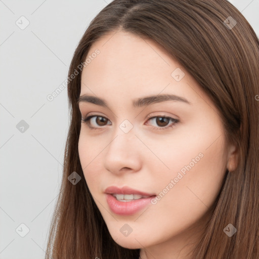 Neutral white young-adult female with long  brown hair and brown eyes