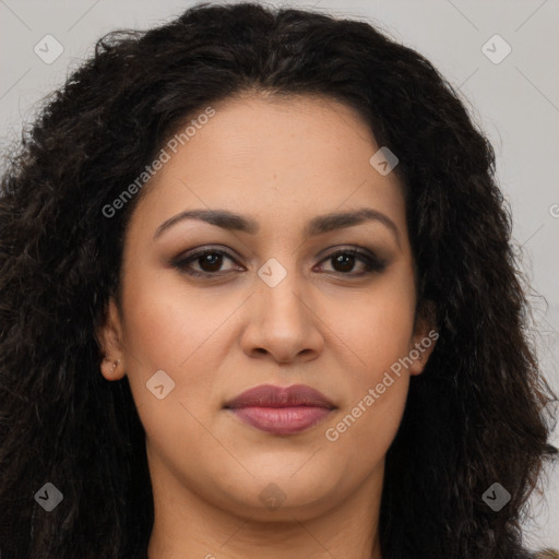 Joyful latino young-adult female with long  brown hair and brown eyes