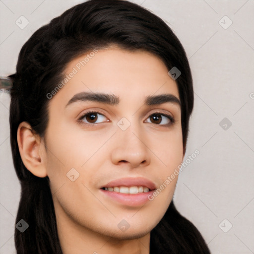 Neutral white young-adult female with long  black hair and brown eyes