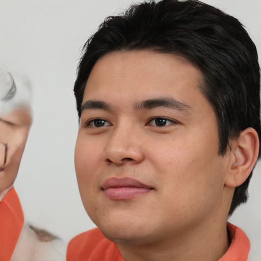 Neutral asian young-adult male with short  black hair and brown eyes