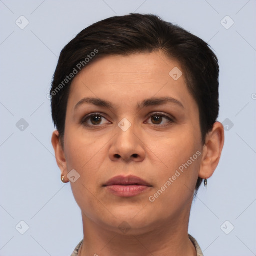 Neutral white young-adult female with short  brown hair and brown eyes