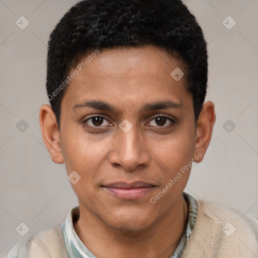 Joyful black young-adult male with short  brown hair and brown eyes