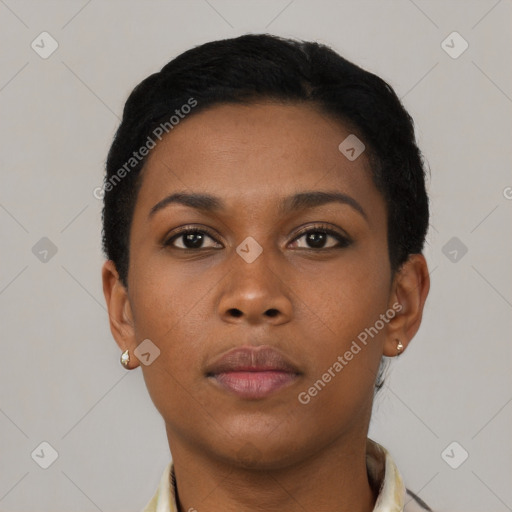 Neutral black young-adult female with short  black hair and brown eyes