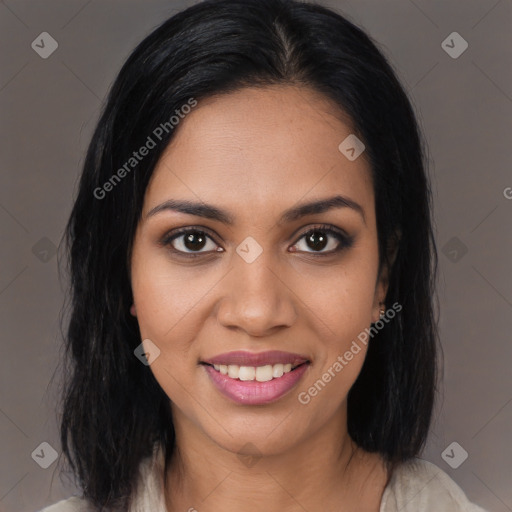 Joyful latino young-adult female with medium  black hair and brown eyes