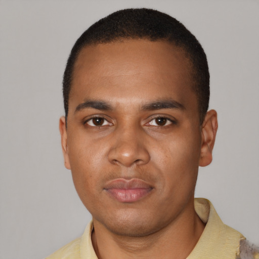 Neutral black young-adult male with short  black hair and brown eyes