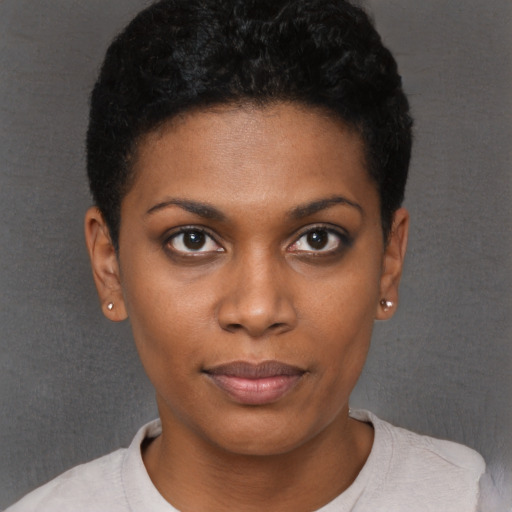 Neutral black young-adult female with short  black hair and brown eyes