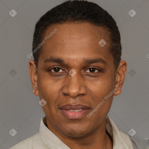 Joyful latino adult male with short  brown hair and brown eyes