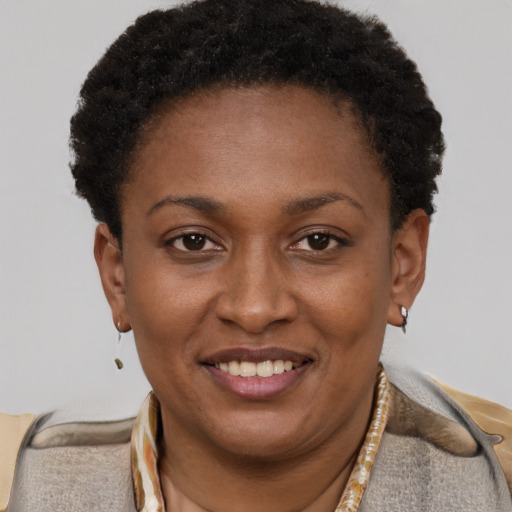 Joyful black young-adult female with short  brown hair and brown eyes