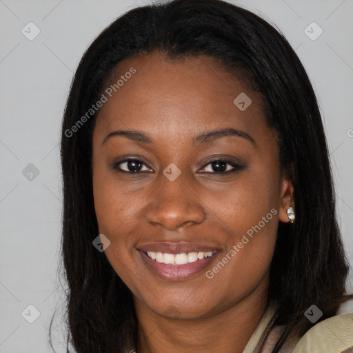 Joyful asian young-adult female with long  brown hair and brown eyes