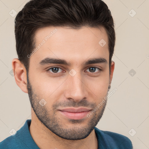 Joyful white young-adult male with short  brown hair and brown eyes