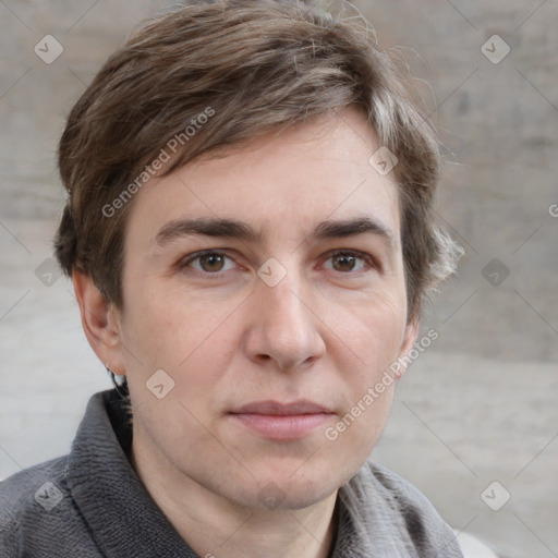 Joyful white adult male with short  brown hair and grey eyes