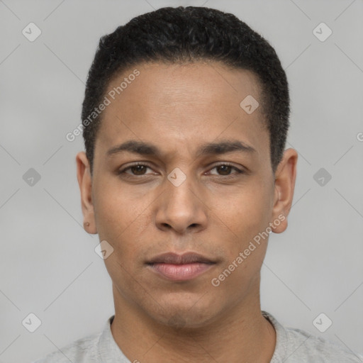 Neutral latino young-adult male with short  black hair and brown eyes