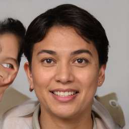 Joyful white adult female with short  brown hair and brown eyes