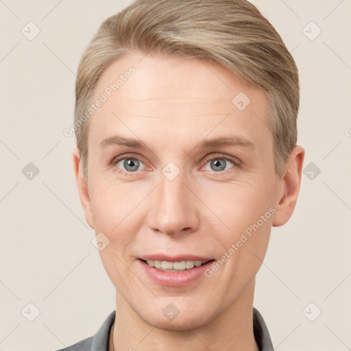 Joyful white adult female with short  brown hair and grey eyes