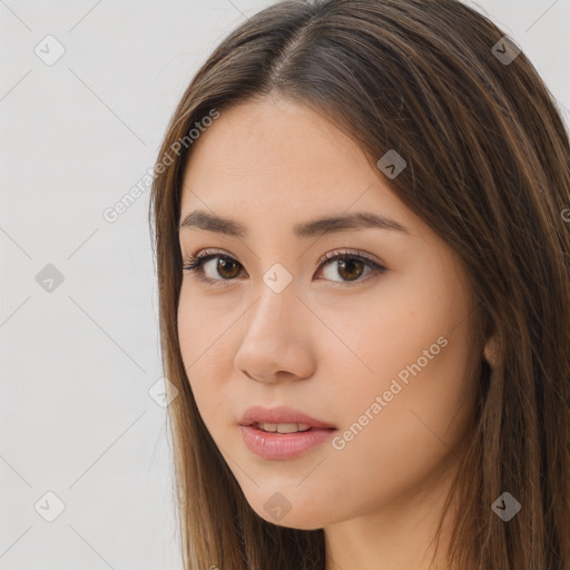 Neutral white young-adult female with long  brown hair and brown eyes