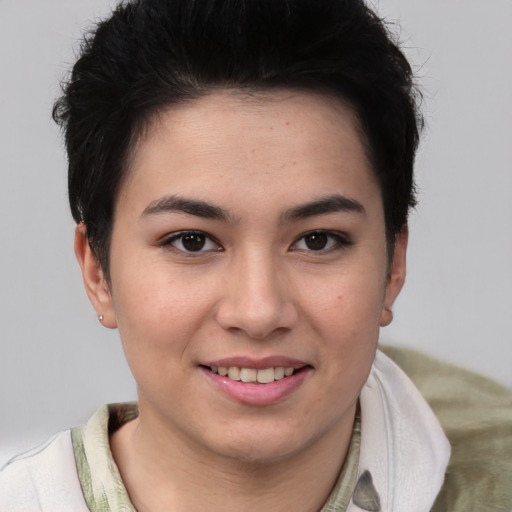 Joyful asian young-adult female with short  brown hair and brown eyes