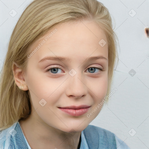 Joyful white child female with medium  brown hair and blue eyes