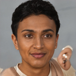 Joyful latino young-adult female with short  brown hair and brown eyes