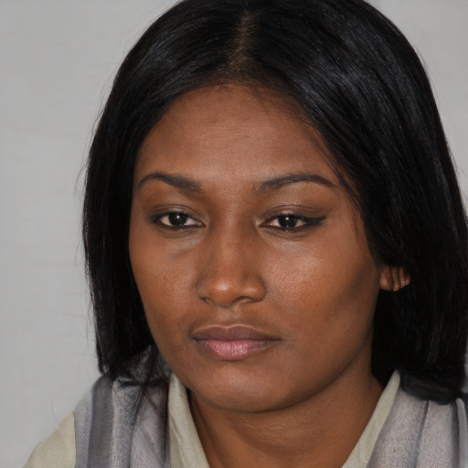 Neutral asian young-adult female with long  black hair and brown eyes