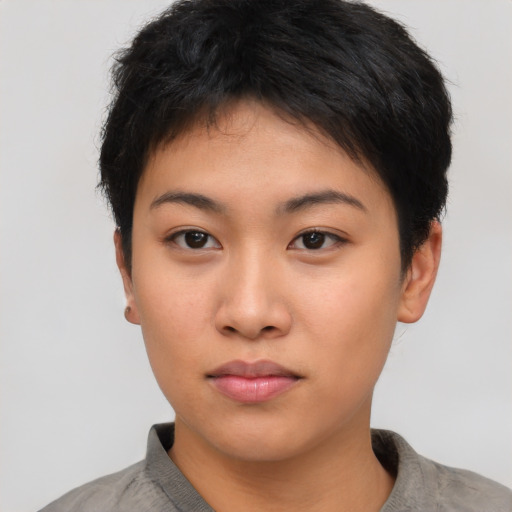 Neutral asian young-adult female with short  black hair and brown eyes
