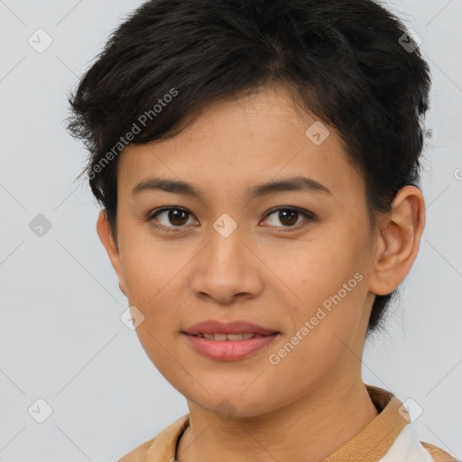 Joyful asian young-adult female with short  brown hair and brown eyes