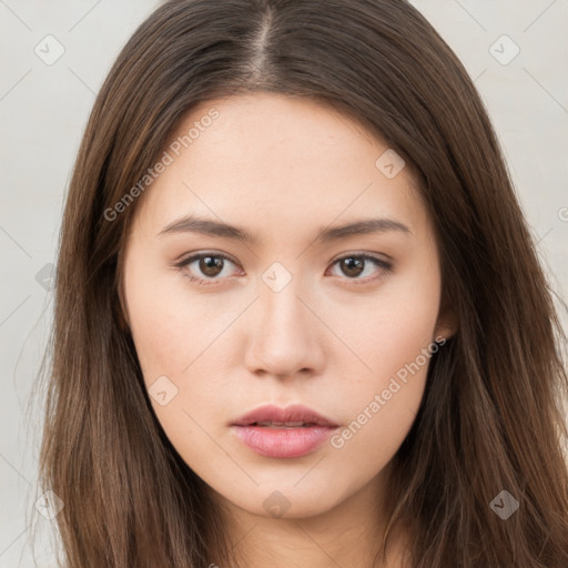 Neutral white young-adult female with long  brown hair and brown eyes