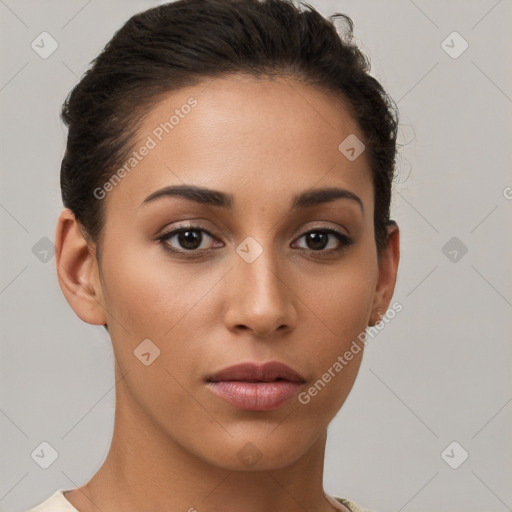 Neutral white young-adult female with short  brown hair and brown eyes