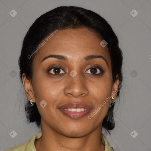 Joyful black young-adult female with medium  brown hair and brown eyes