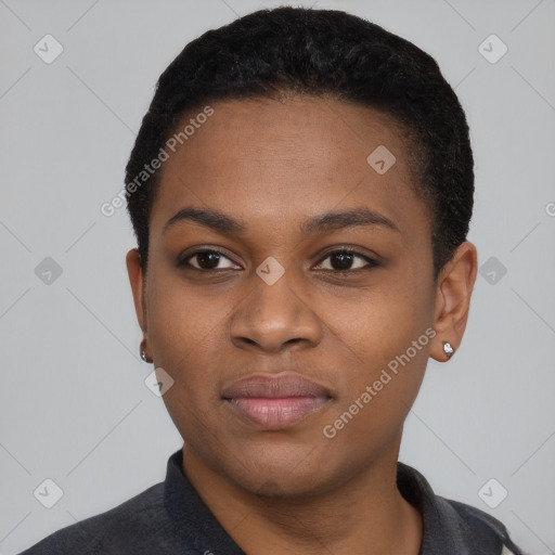 Neutral black young-adult female with short  black hair and brown eyes