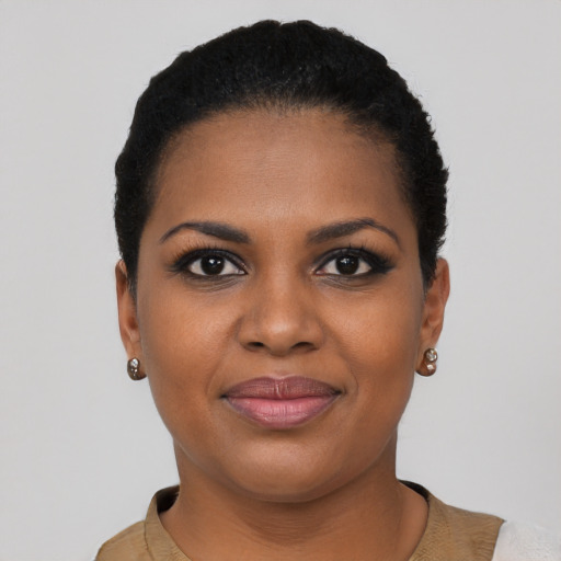 Joyful black young-adult female with short  black hair and brown eyes