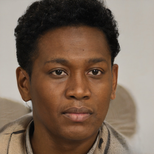 Neutral black young-adult male with short  black hair and brown eyes