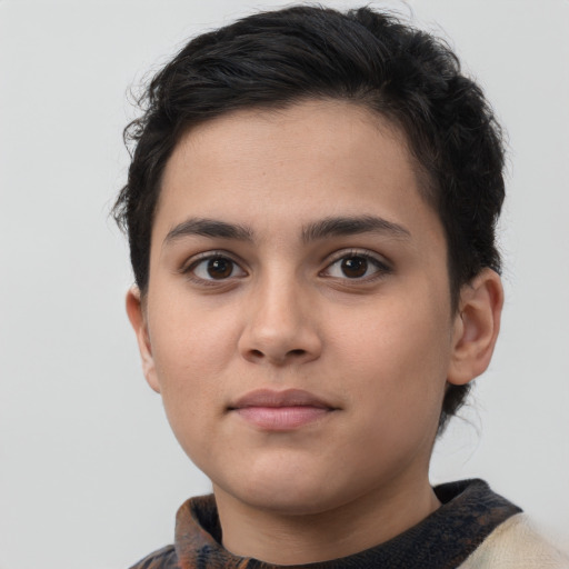 Neutral white young-adult female with short  brown hair and brown eyes