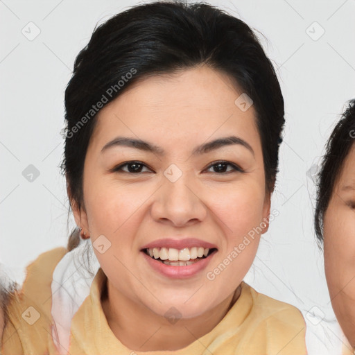 Joyful white young-adult female with medium  brown hair and brown eyes