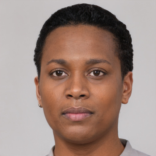 Neutral black young-adult female with short  black hair and brown eyes