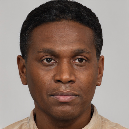 Neutral black young-adult male with short  black hair and brown eyes