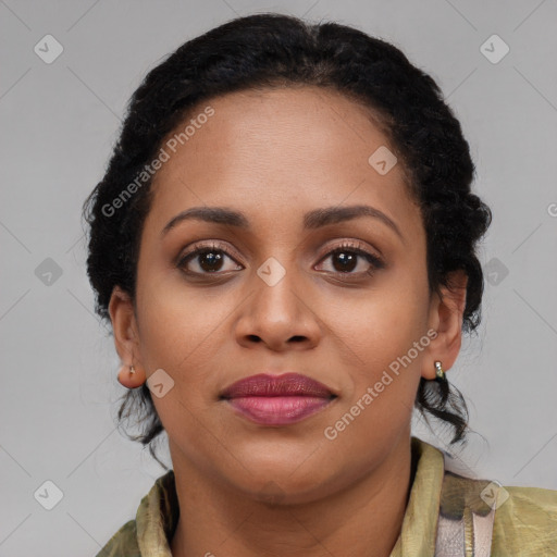 Joyful latino young-adult female with medium  brown hair and brown eyes