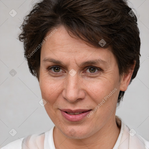 Joyful white adult female with short  brown hair and brown eyes