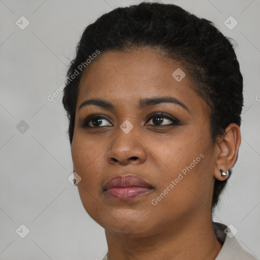 Neutral black young-adult female with short  black hair and brown eyes