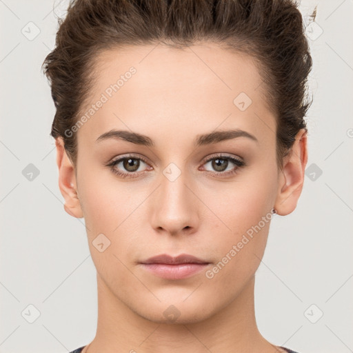 Neutral white young-adult female with short  brown hair and brown eyes