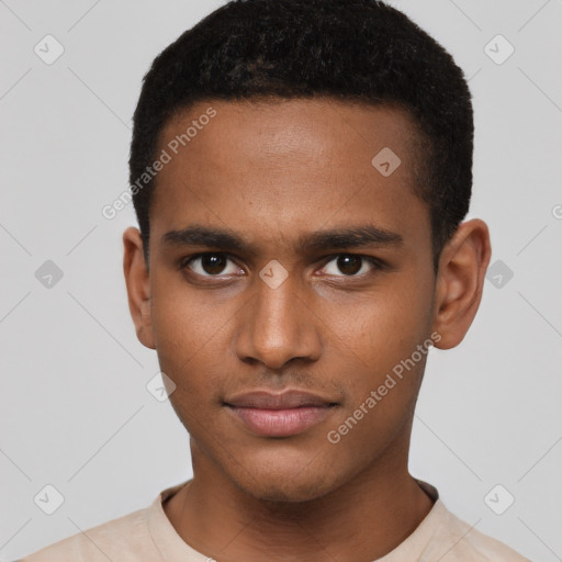 Neutral latino young-adult male with short  black hair and brown eyes