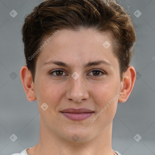 Joyful white young-adult female with short  brown hair and brown eyes