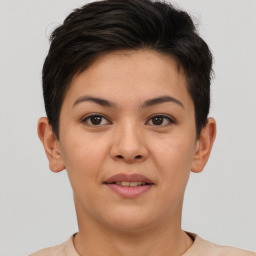 Joyful asian young-adult female with short  brown hair and brown eyes