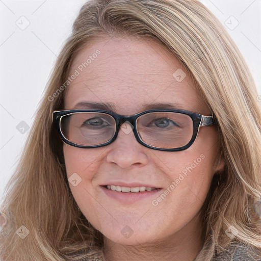 Joyful white young-adult female with long  brown hair and blue eyes