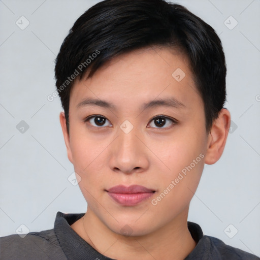 Neutral asian young-adult male with short  black hair and brown eyes