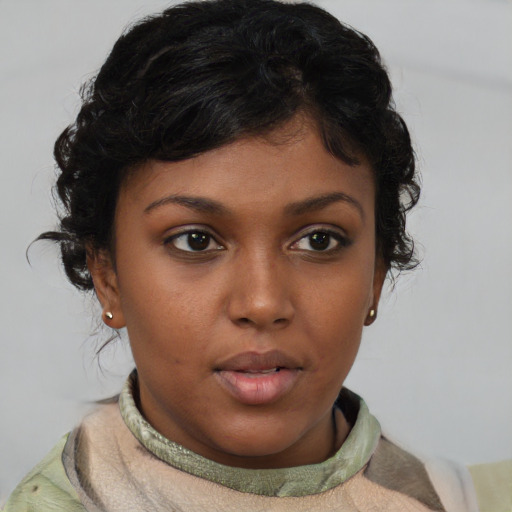 Neutral asian young-adult female with short  brown hair and brown eyes